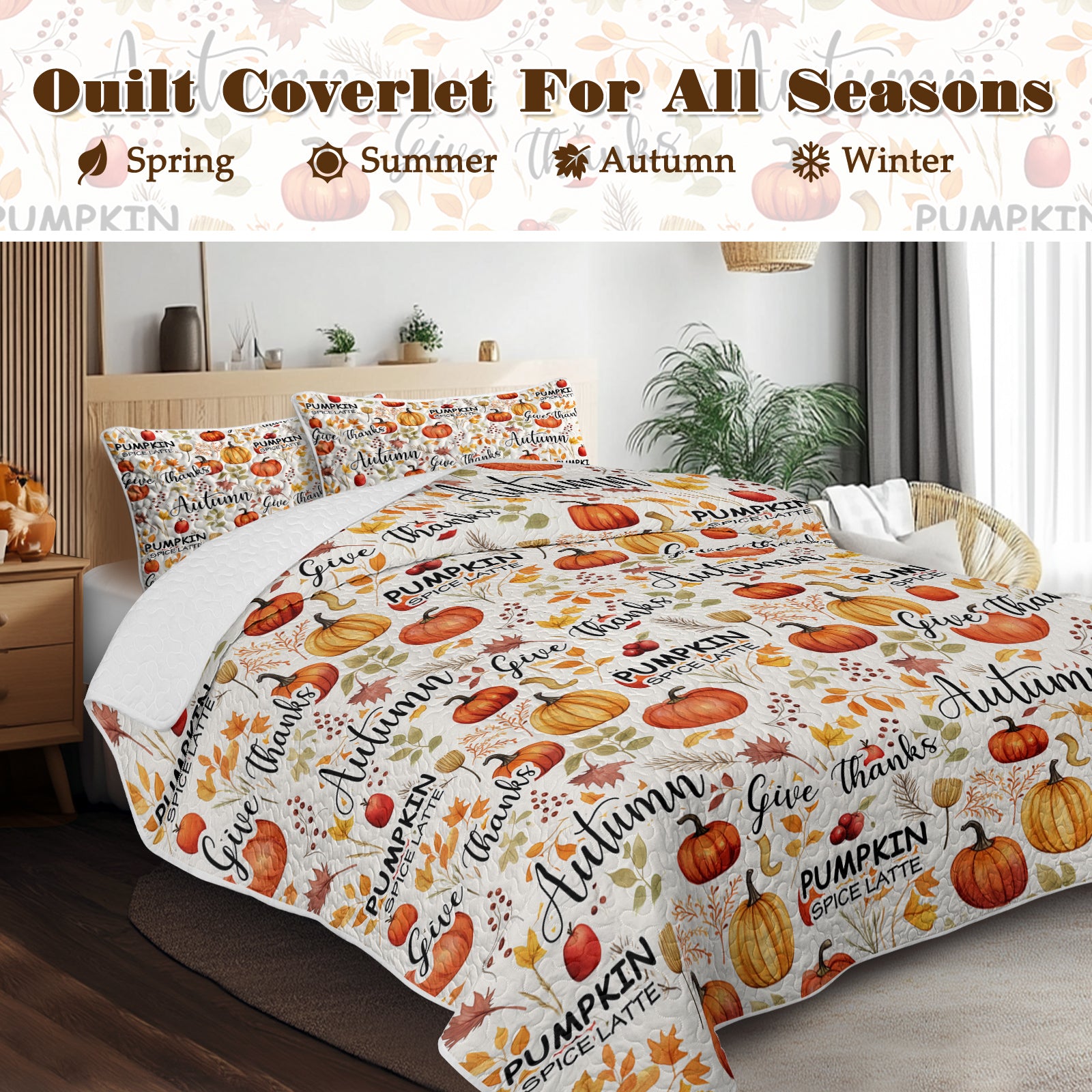 Pumpkin Autumn Leaves Print Quilt Set -1 Quilt, 2 Shams