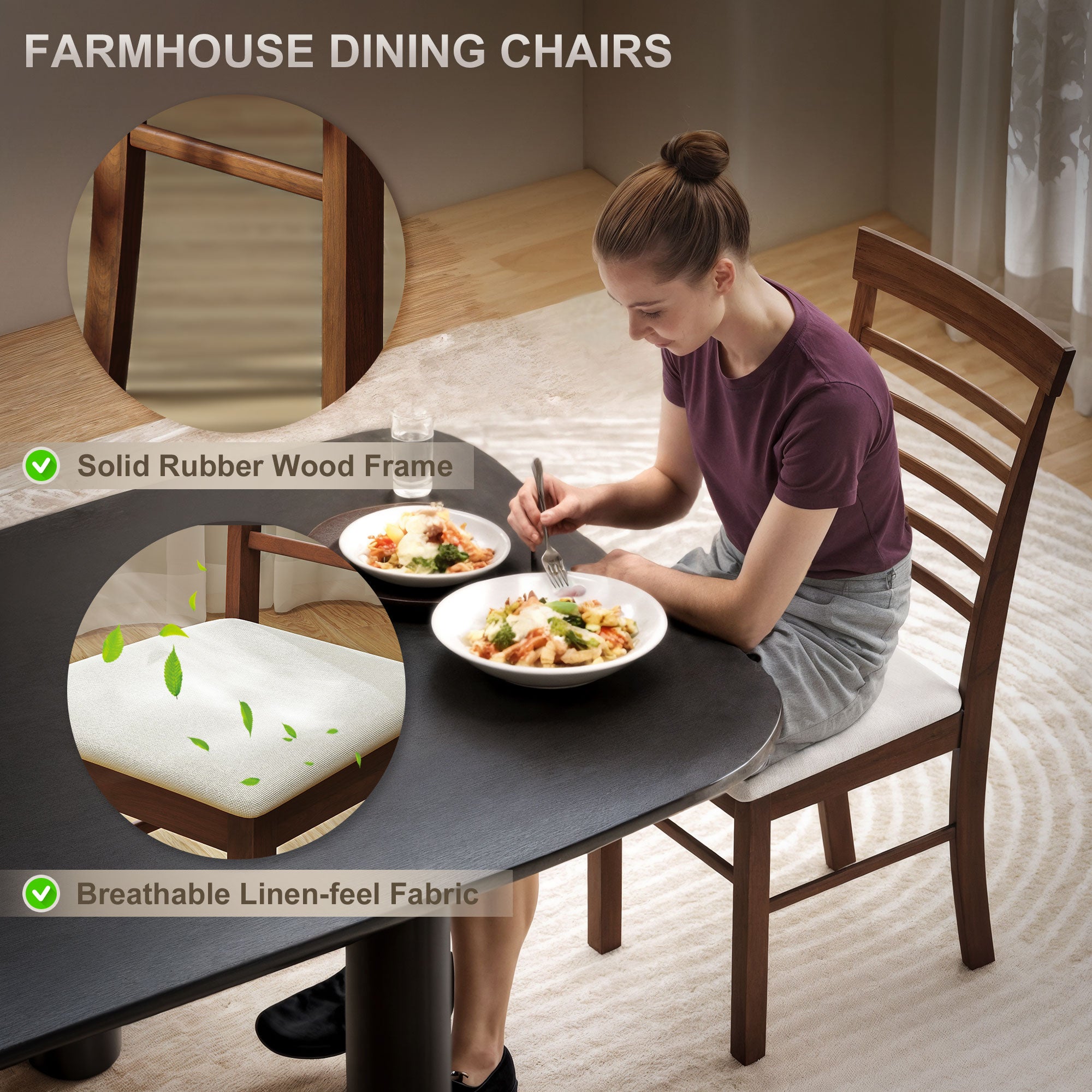 Wooden Dining Chairs Set of 4, Farmhouse Upholstered Kitchen Chairs with Rubber Wood Frame, Dark Brown and Beige