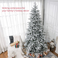 HOMCOM 8ft Snow Flocked Artificial Christmas Tree With 2003 Tips, Foldable Metal Stand, Easy Assembly, Hinged Xmas Tree For Home, Office, Holiday, Green