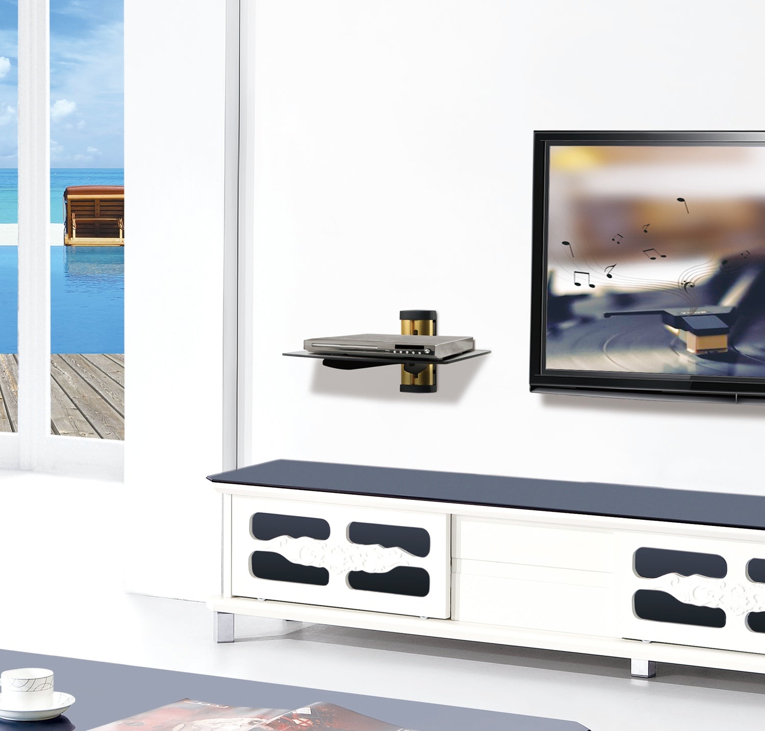 Floating Wall Mounted Strengthened Tempered Glass Shelf For DVD Cable Boxes