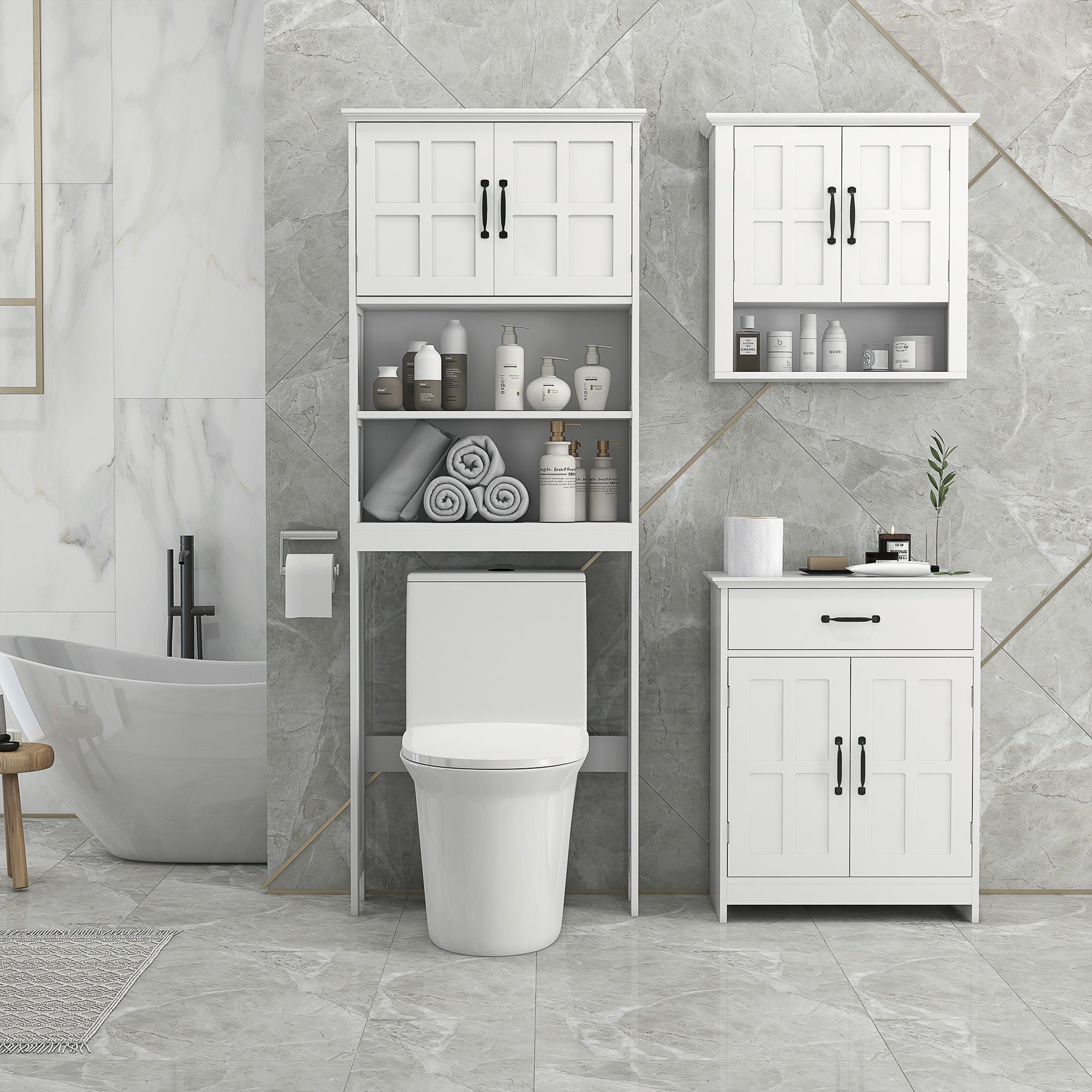 Bathroom Storage Cabinet, Modern Bathroom Cabinet with 2 Doors, Storage Drawer & Adjustable Shelf, White