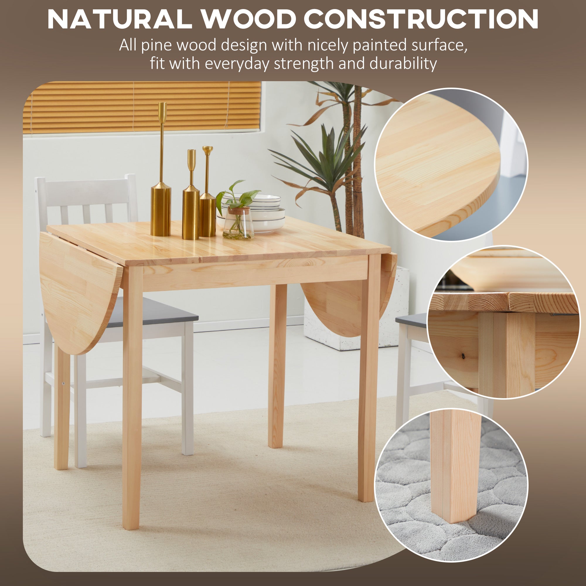 55" Wood Kitchen Table, Drop Leaf Tables for Small Spaces, Natural