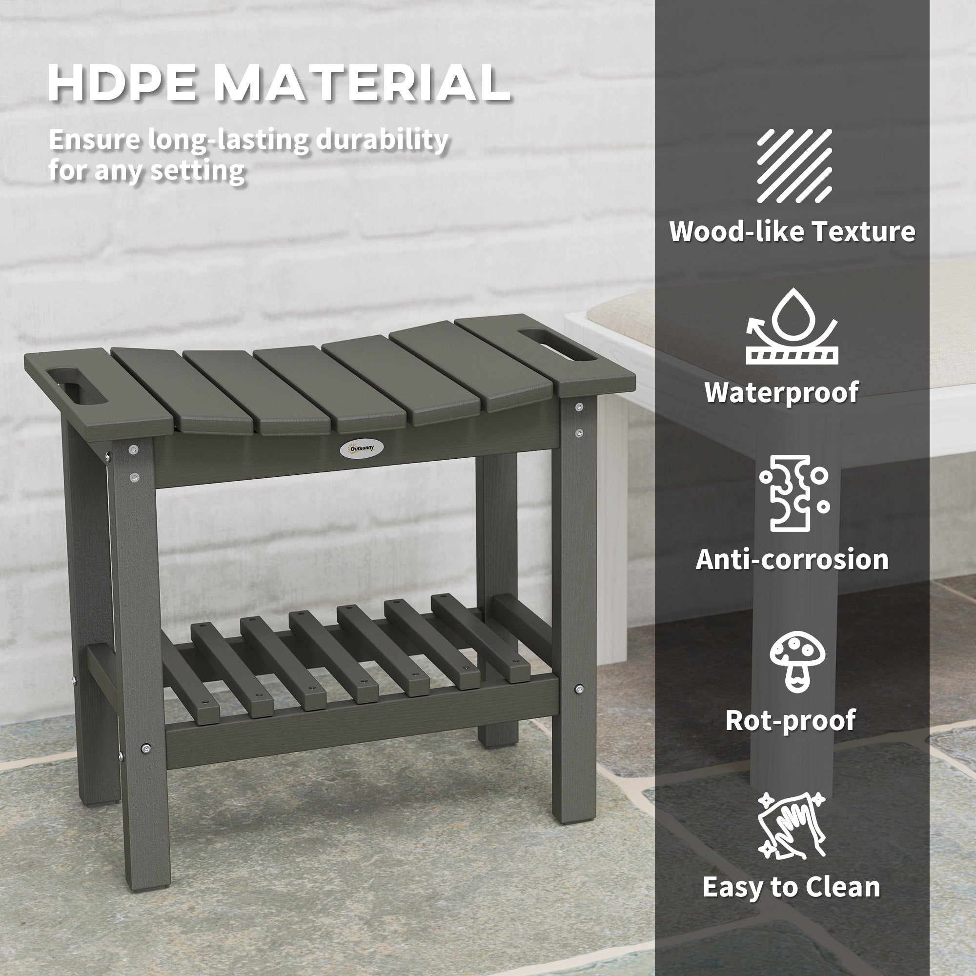 HDPE Shower Bench, Waterproof Shower Stool with Handle, Storage Shelf, Non-Slip Pads for Indoor Outdoor, Dark Gray