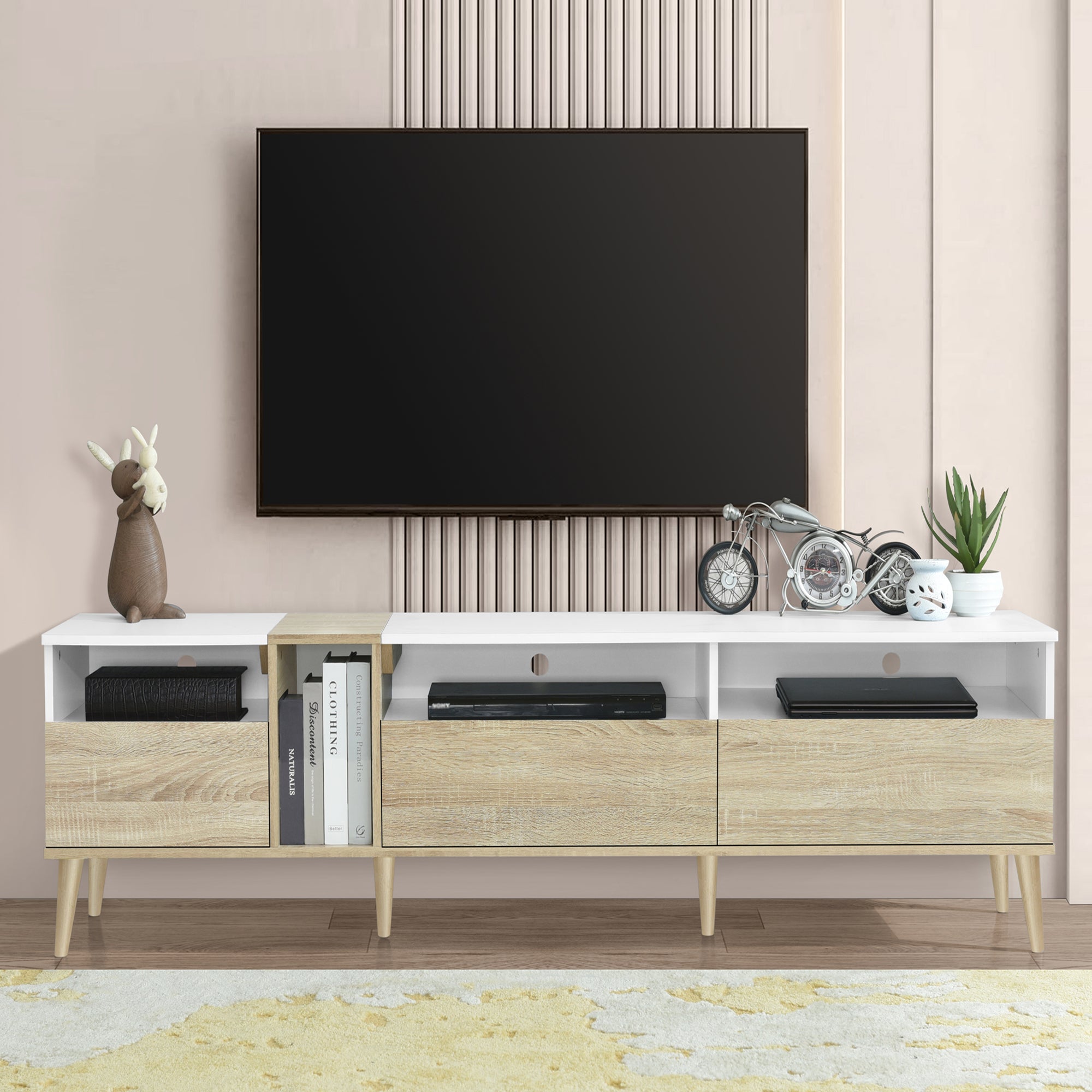 Modern TV With 3 Drawers And Open Shelves, Media Console Table For TVs Up To 80'', Entertainment Center For Living Room, Color-Matching Design