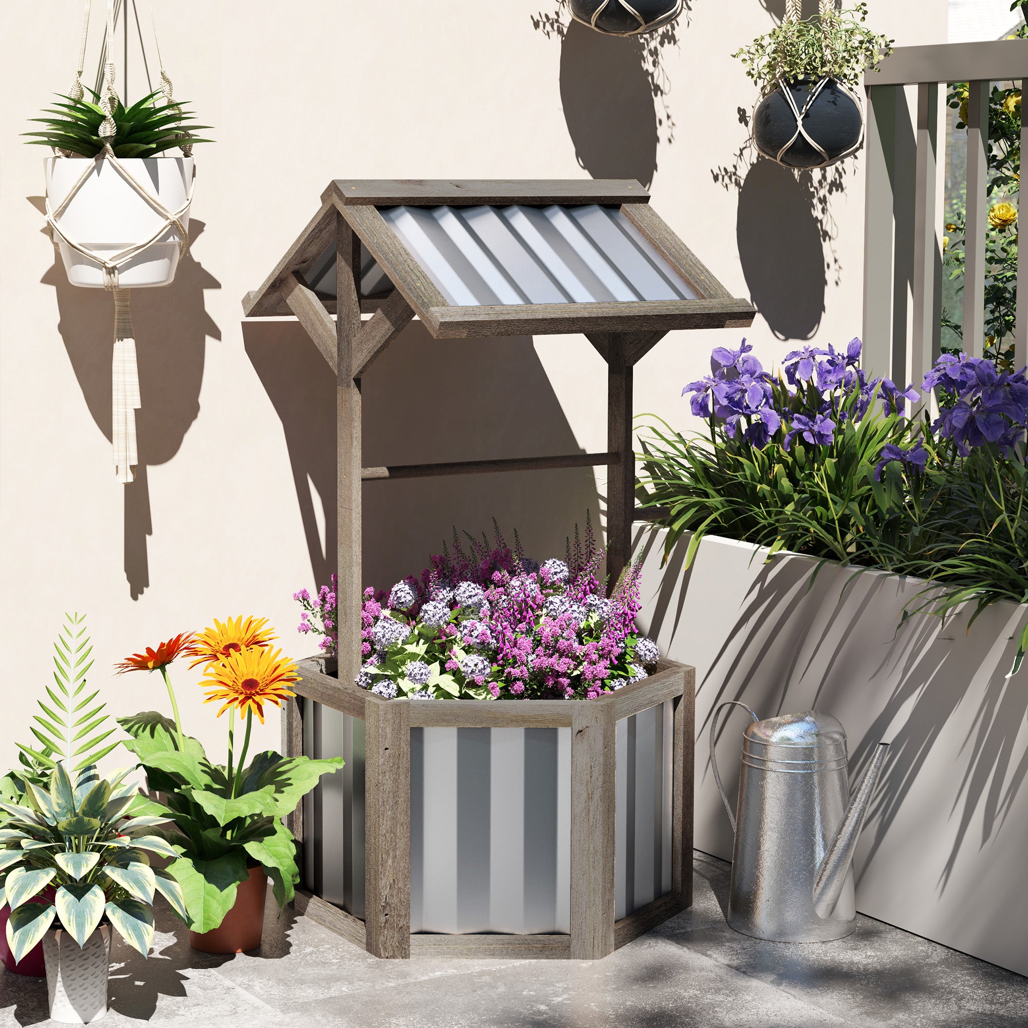 Wooden Wishing Well Planter, Raised Garden Bed With Galvanized Canopy, Hexagon Raised Flower Bed For Garden, Light Gray