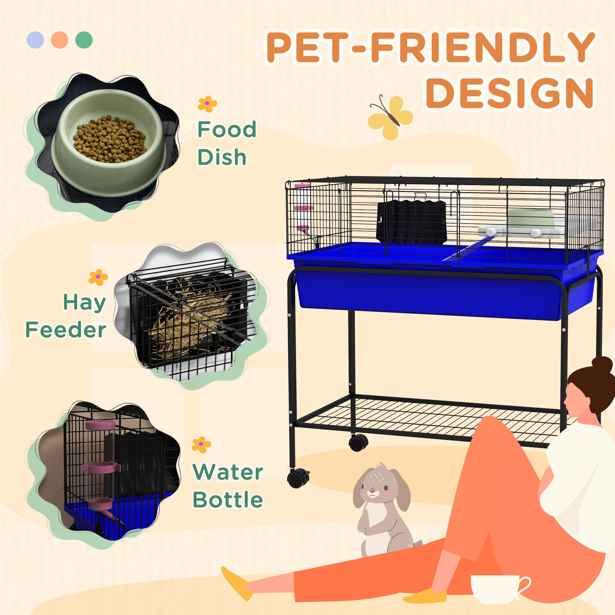 Two-Story Small Animal Cage Removable from Stand, Pet Habitat with Shelf & Wheels, 33" x 18.5" x 35", Blue