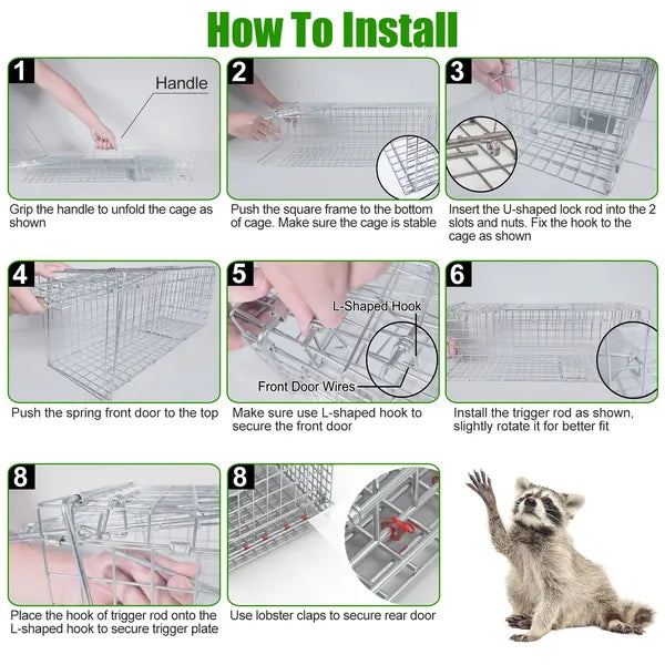 Humane Cat Trap Cage With Waterproof Cover Gloves Catch Release Live Animal Rodent Cage Collapsible Galvanized Wire For Raccoons Beavers Groundhogs Foxes Armadillos