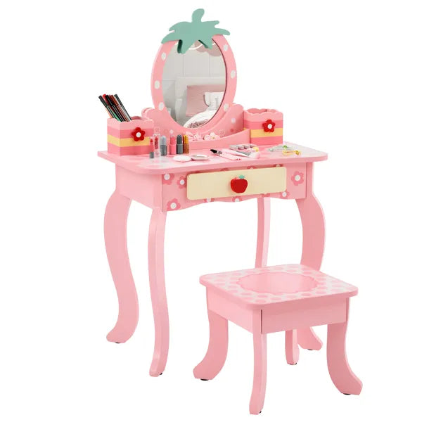 Pink MDF Spray-painted + Apple-printed 1-drawer 2-desktop Storage Box Children's Dressing Table Set