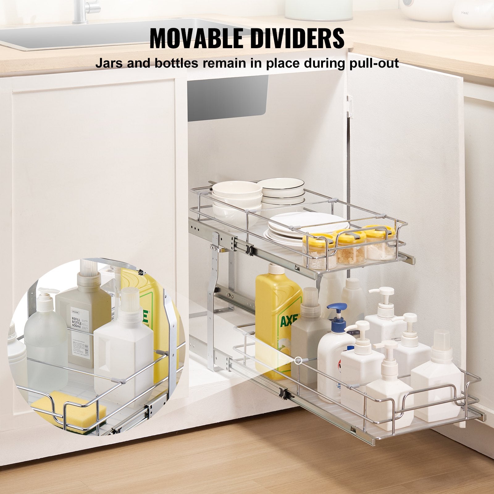 2-Tier 12"Wx21"Dx15"H Wire Pull Out Cabinet Under Sink Organizer Drawer Basket, 13.5"Wx22"Dx18"H Install Size For Cabinet