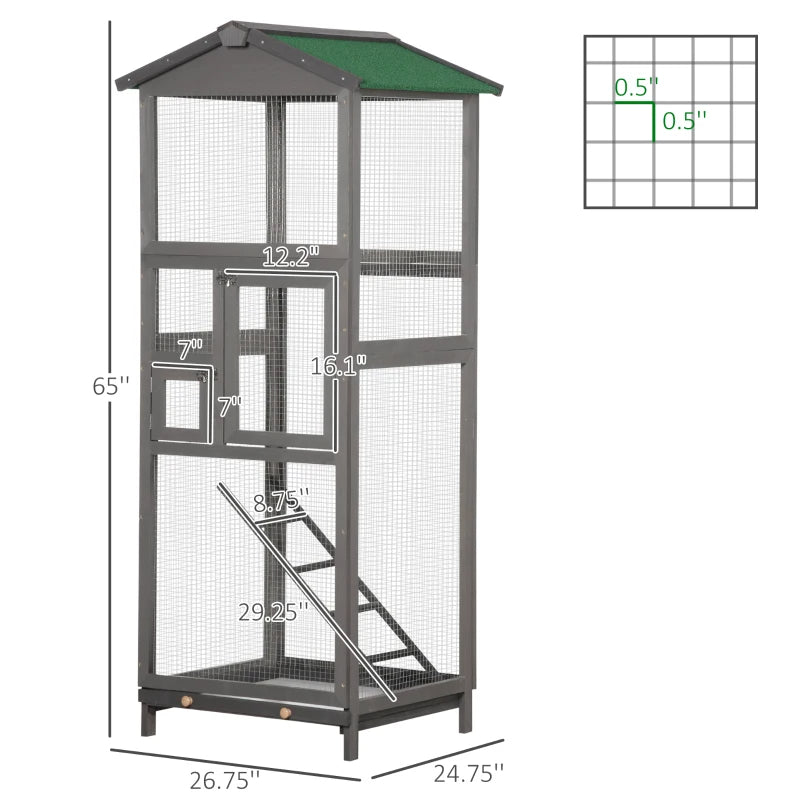 Wooden Bird Cage Outdoor Aviary House For Parrot, Parakeet, With Pull Out Tray And 2 Doors, Grey