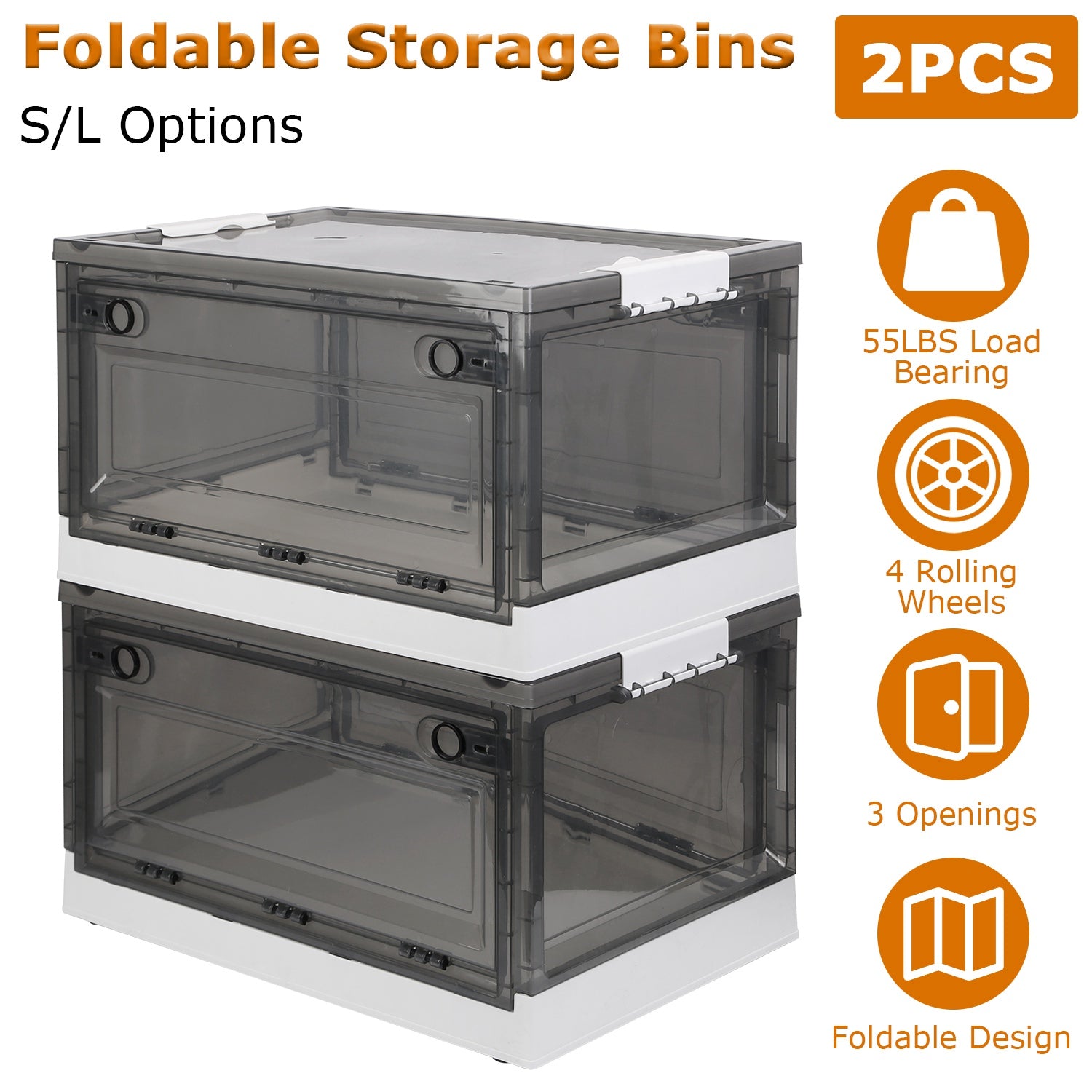2 Packs Foldable Storage Bins Collapsible Storage Box Organizer Stackable Toy Container With Double Doors Top Lid Rolling Wheels For Clothes Toys Books