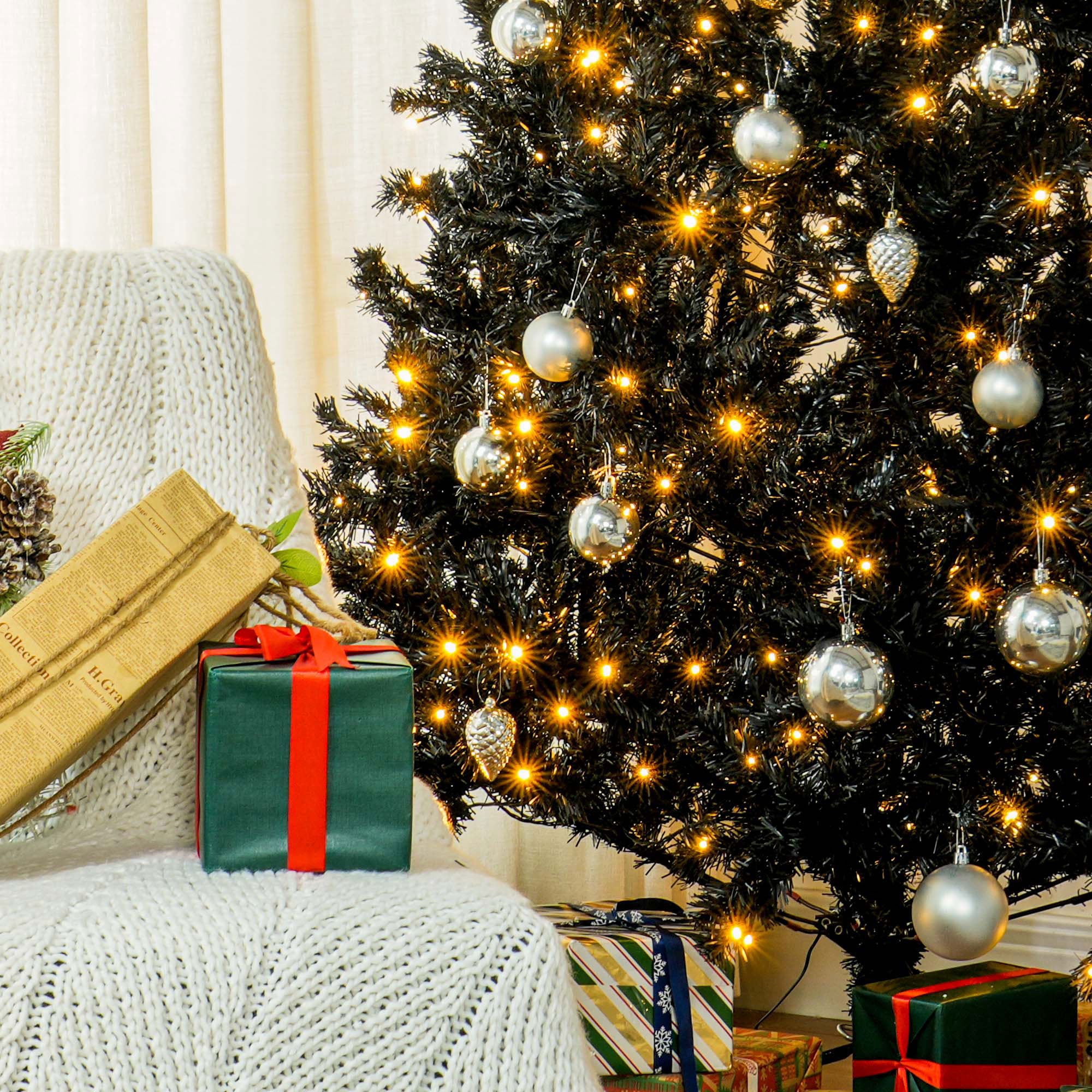 7.5 FT Tall PreLit Artificial Christmas Tree with Realistic Branches, 500 Warm White LED Lights and 1346 Tips, Black