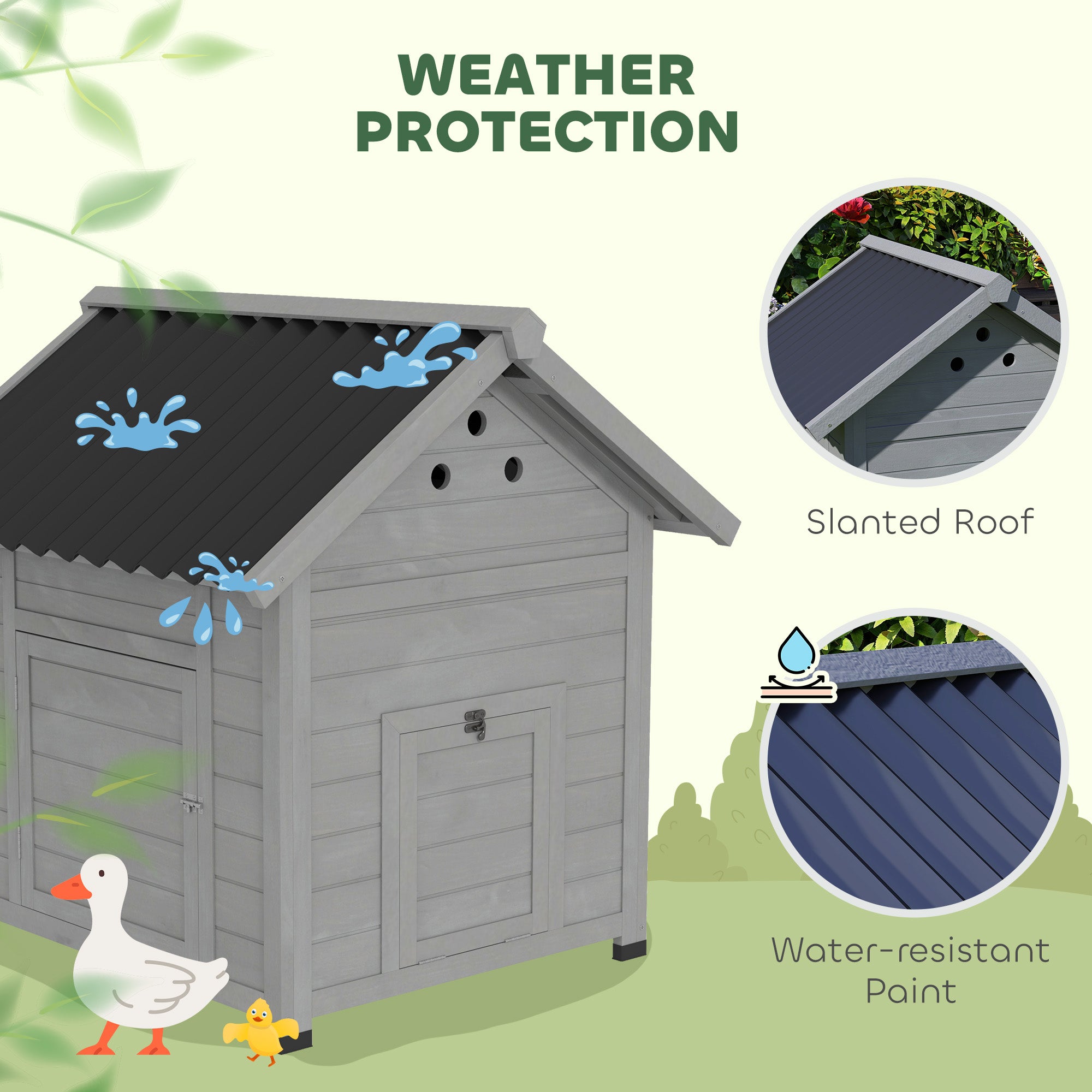 Duck Coop, Wooden Duck House with Openable Roof & Double Doors, Light Gray