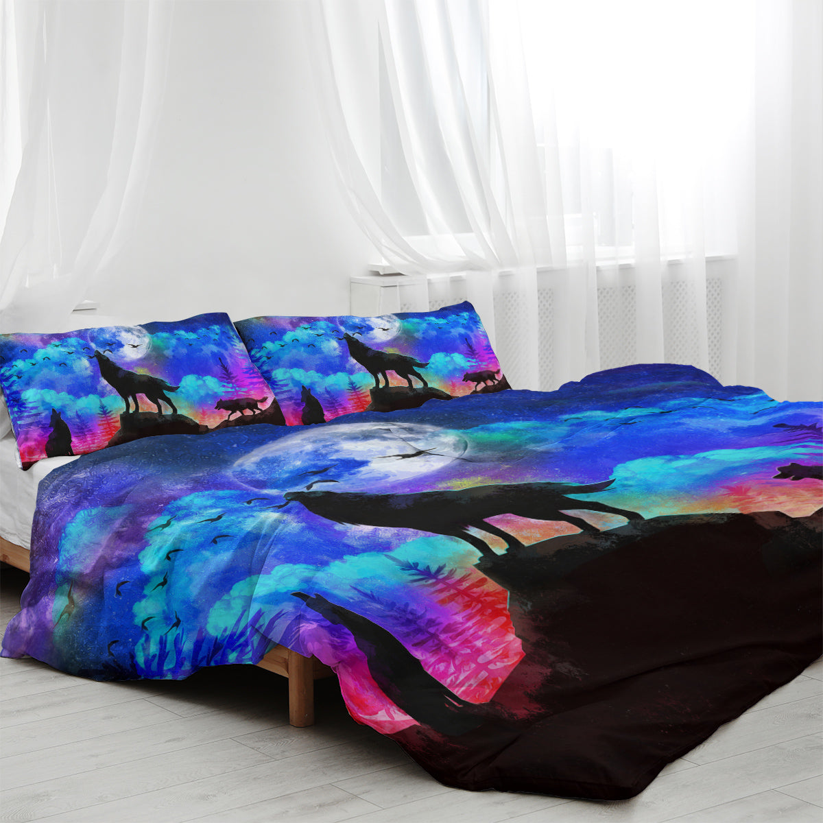 3pcs Starry Sky Moon Night Wolf Pack Bedroom Printed Beddings For Four Seasons Use