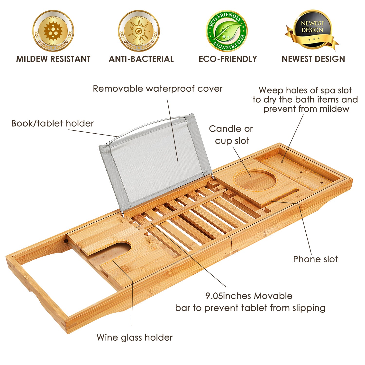 1Pc Bathtub Caddy Tray Crafted Bamboo Bath Tray Table Extendable Reading Rack Tablet Phone Holder Wine Glass Holder Shelf Desk Bathroom Spa