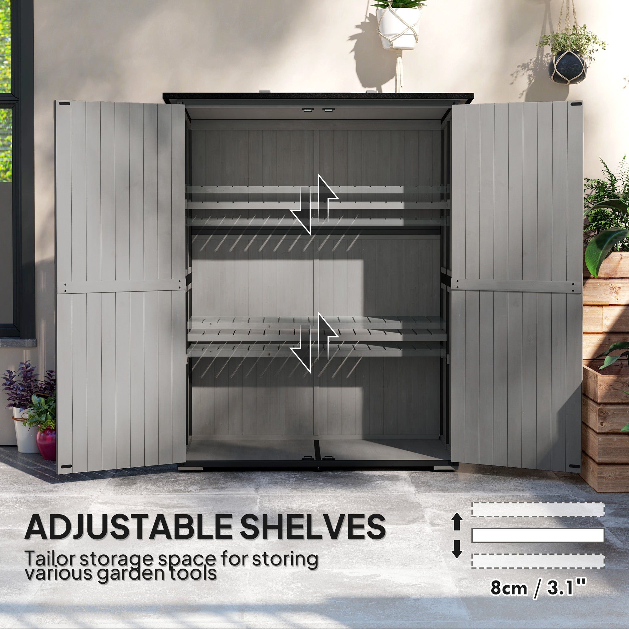 Wood Storage Shed, Outdoor Garden Shed With Asphalt Roof, 2 Shelves, Lockable Doors And Adjustable Feet, Gray
