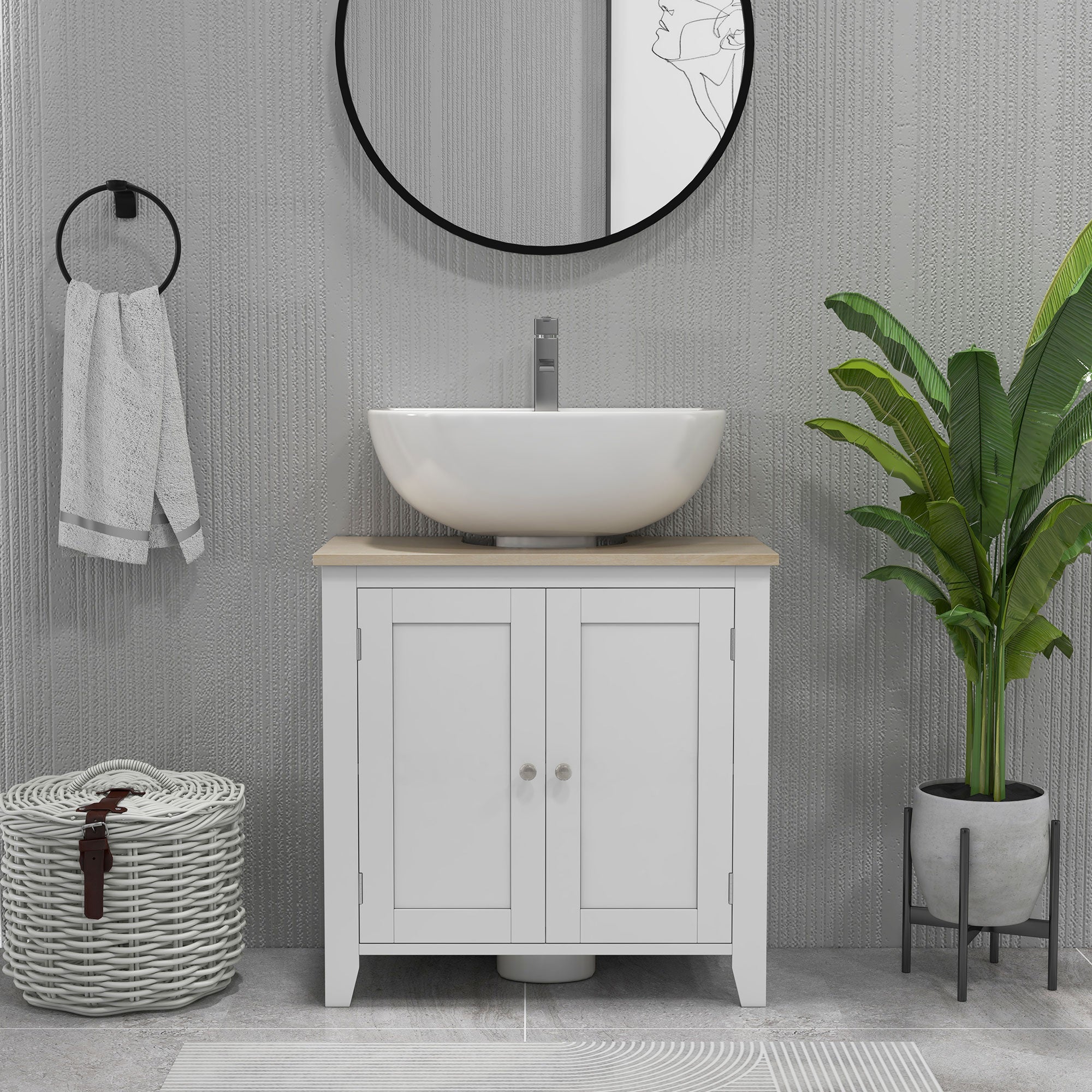 Pedestal Sink Storage Cabinet, Under Sink Cabinet with U-Shape and Adjustable Internal Shelf, White