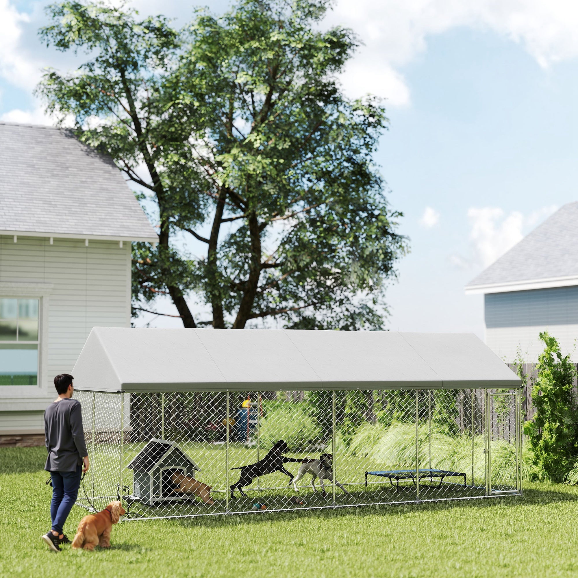 Heavy Duty Outdoor Dog Kennel With Waterproof Roof, Secure Latch, Chain Link Dog Run For Backyard, 19.7 X 7.5 X 7.9