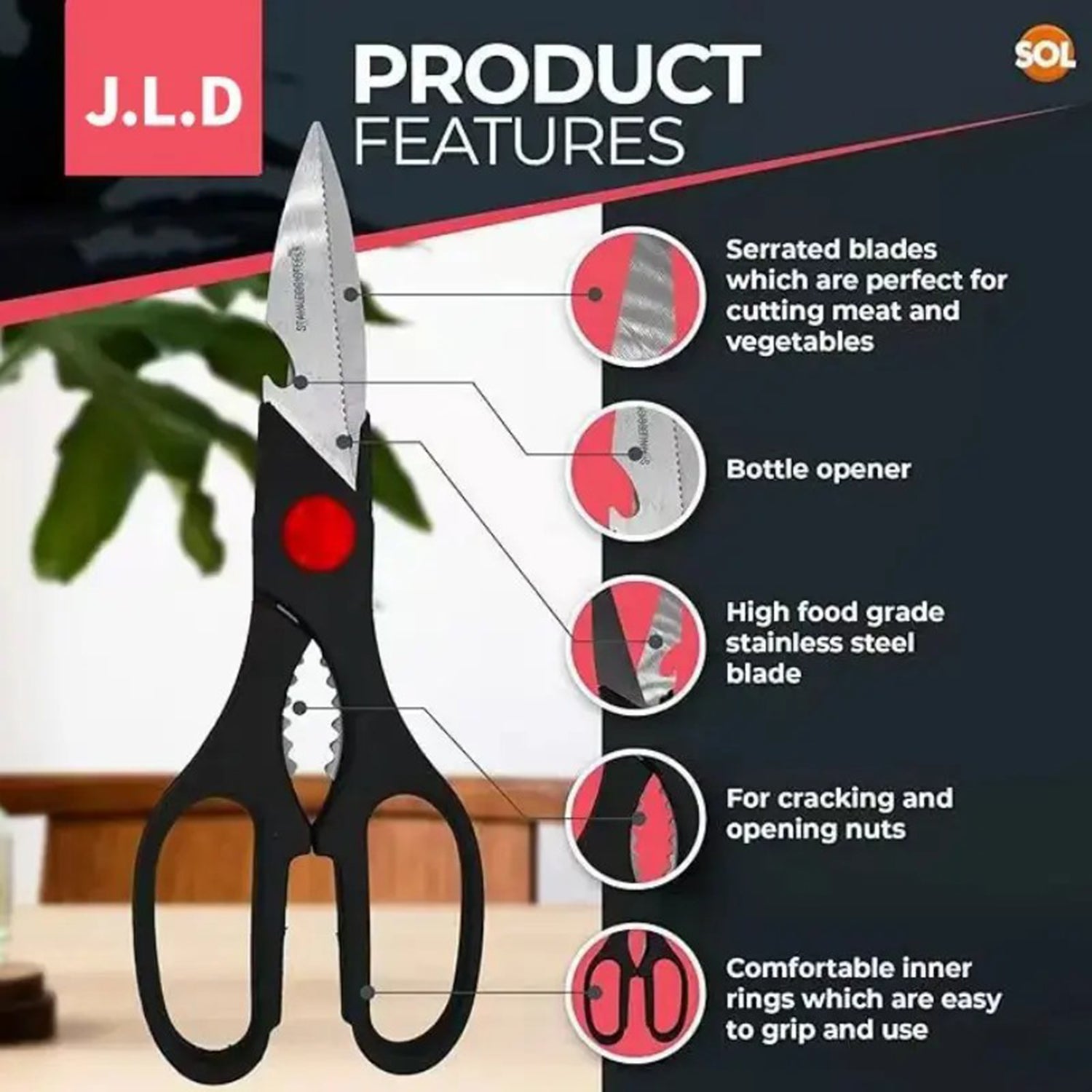 Food Scissors, Sharp Scissors With Walnut Tongs, Bottle Opener, Can Opener, Vegetable Cutting Scissors, Chopping Scissors, USPS Shipping, Supports Self Pickup