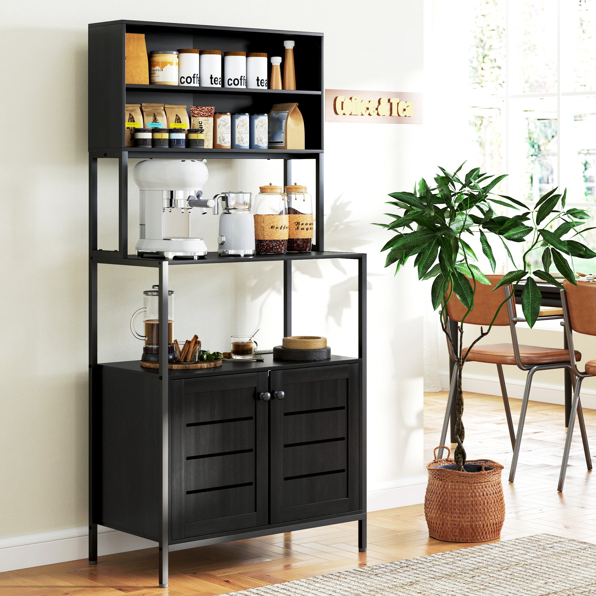 Baker's Rack with Power Outlet and Storage Shelves, Microwave Stand with Louvred Door Cabinets, Black