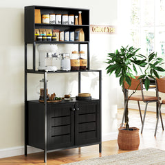 Baker's Rack with Power Outlet and Storage Shelves, Microwave Stand with Louvred Door Cabinets, Black