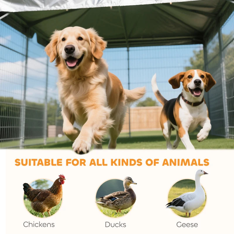 Outdoor Dog Kennel With Roof, Rotating & 4-Level Adjustable Bowls