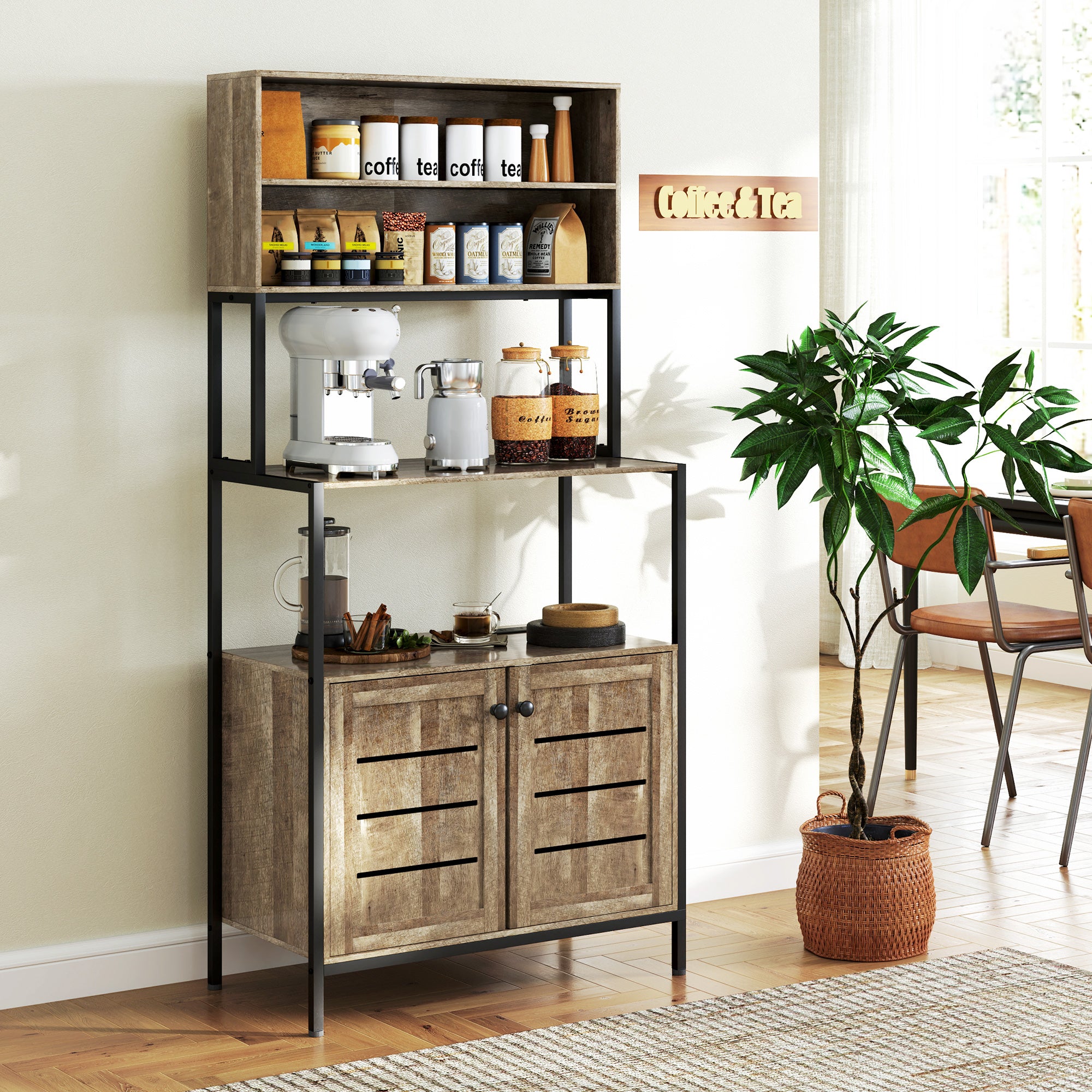 Baker's Rack with Power Outlet and Storage Shelves, Microwave Stand with Louvred Door Cabinets, Gray Wood Grain