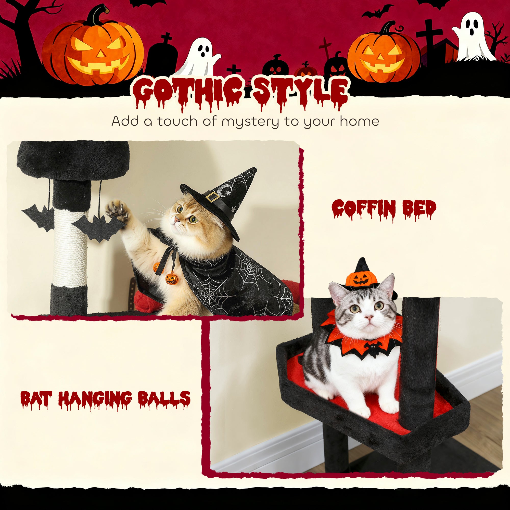 78" Gothic Cat Tree, Cat Tower with Coffin Bed, 2 Spacious Condos, Sisal Scratching Posts, Bat Hanging Balls, Halloween