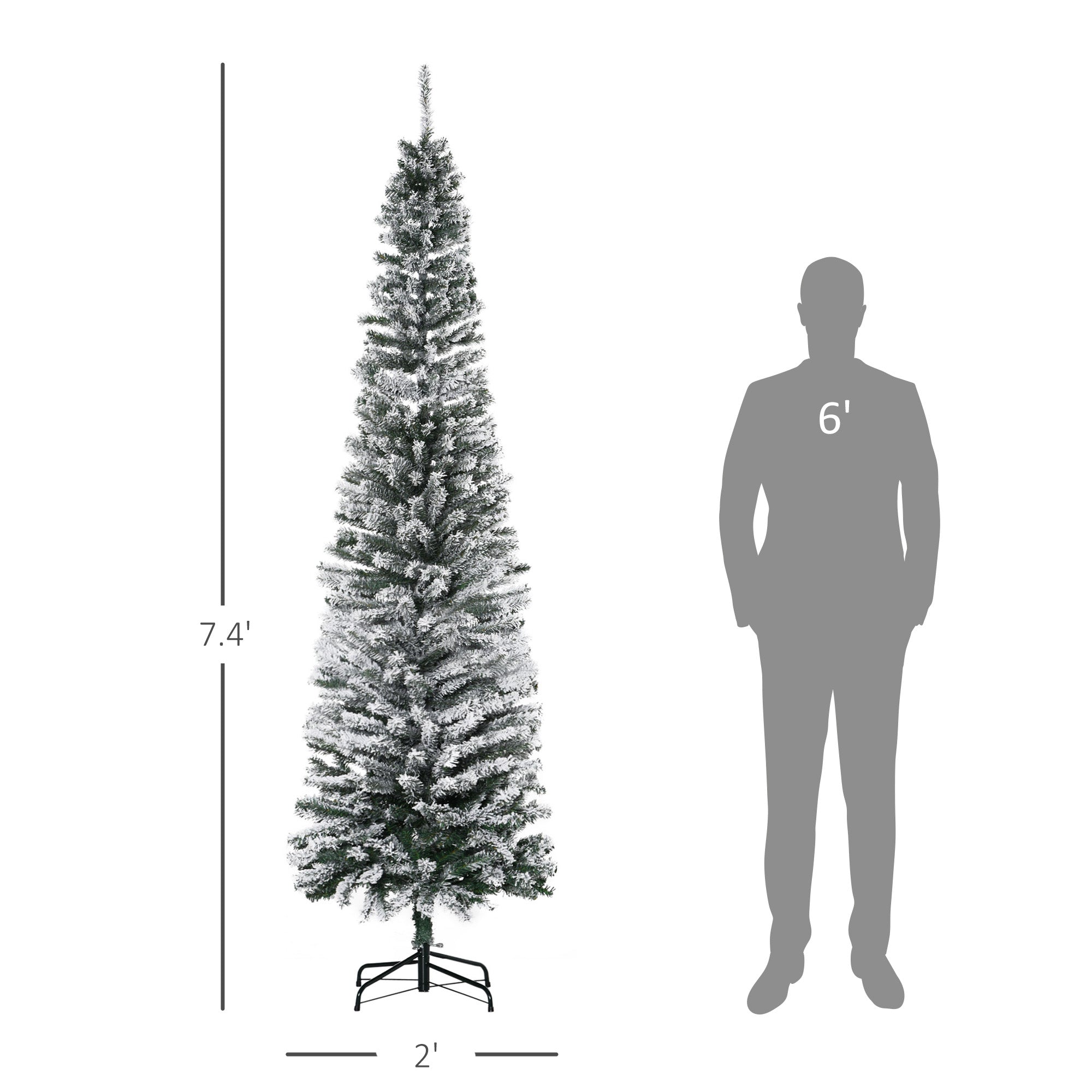 HOMCOM 7.5' Tall Unlit Snow-Flocked Slim Artificial Christmas Tree With Realistic Branches And 738 Tips