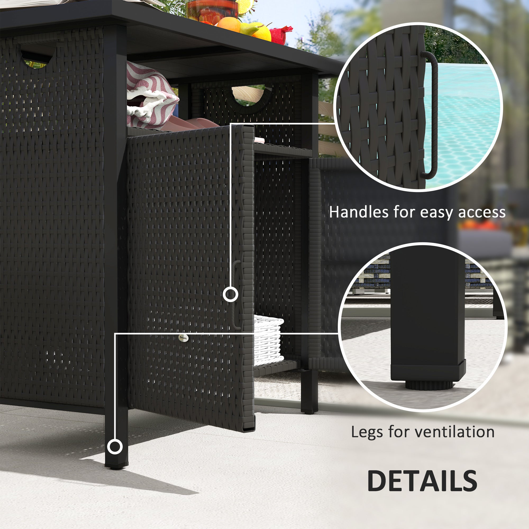Outdoor Pool Towel Storage Cabinet Organizer, Outdoor Bar Table With Shelf And Cabinet, Pool Towel Holder Pool Valet With Weather-Resistant PE Rattan And Steel Frame, Espresso