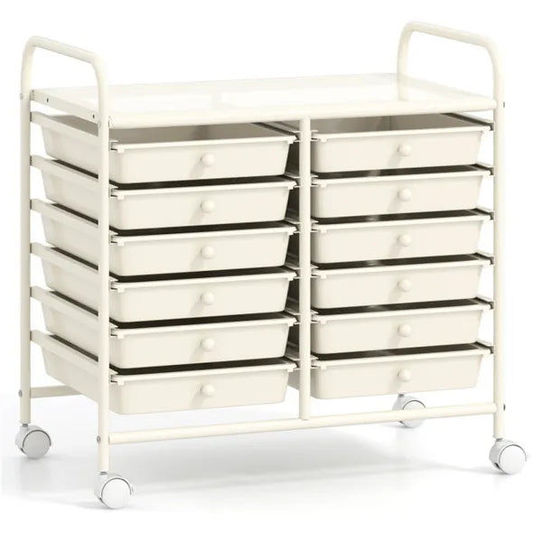 12-Drawer Rolling Storage Cart - 2-Row 10-Storey, Multicolor Drawers, 4 Wheels (2 Brake), White Frame-White