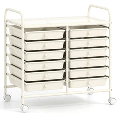 12-Drawer Rolling Storage Cart - 2-Row 10-Storey, Multicolor Drawers, 4 Wheels (2 Brake), White Frame-White