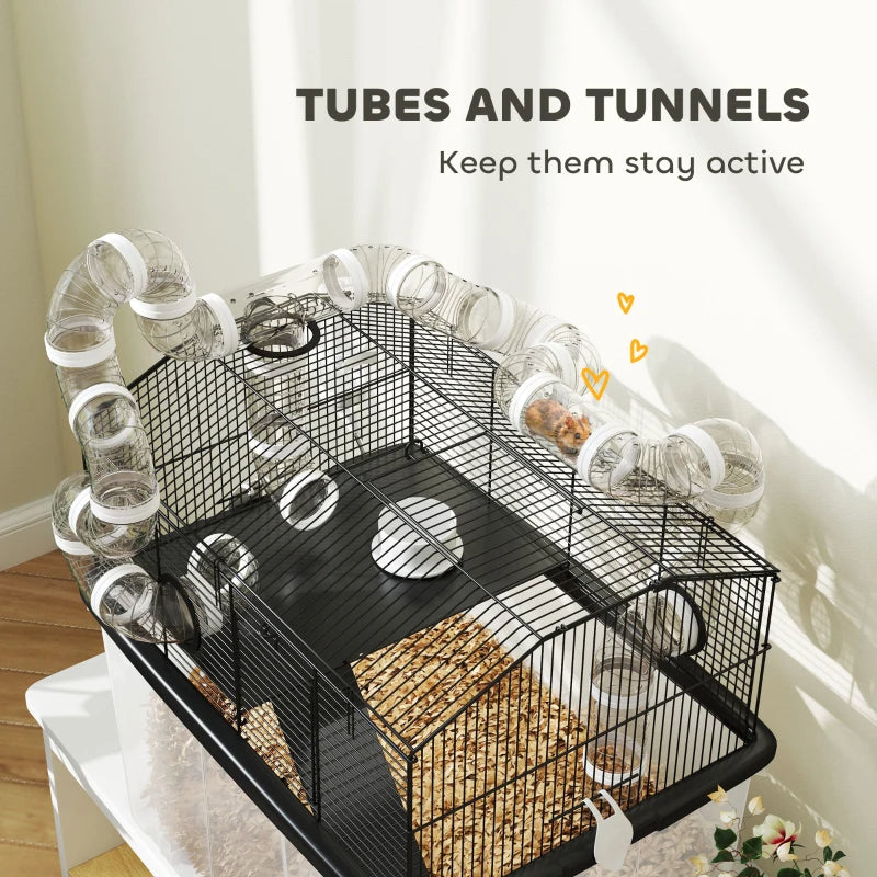 2 Tier Hamster Cage With 12 Deep Tray, Tube System, Water Bottle, Ramp, Feeding Bowl, Black