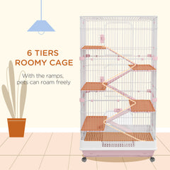 32"L 6-Level Small Animal Cage Rabbit Hutch with Universal Lockable Wheels, Slide-out Tray for Bunny, Chinchillas, Ferret, Pink