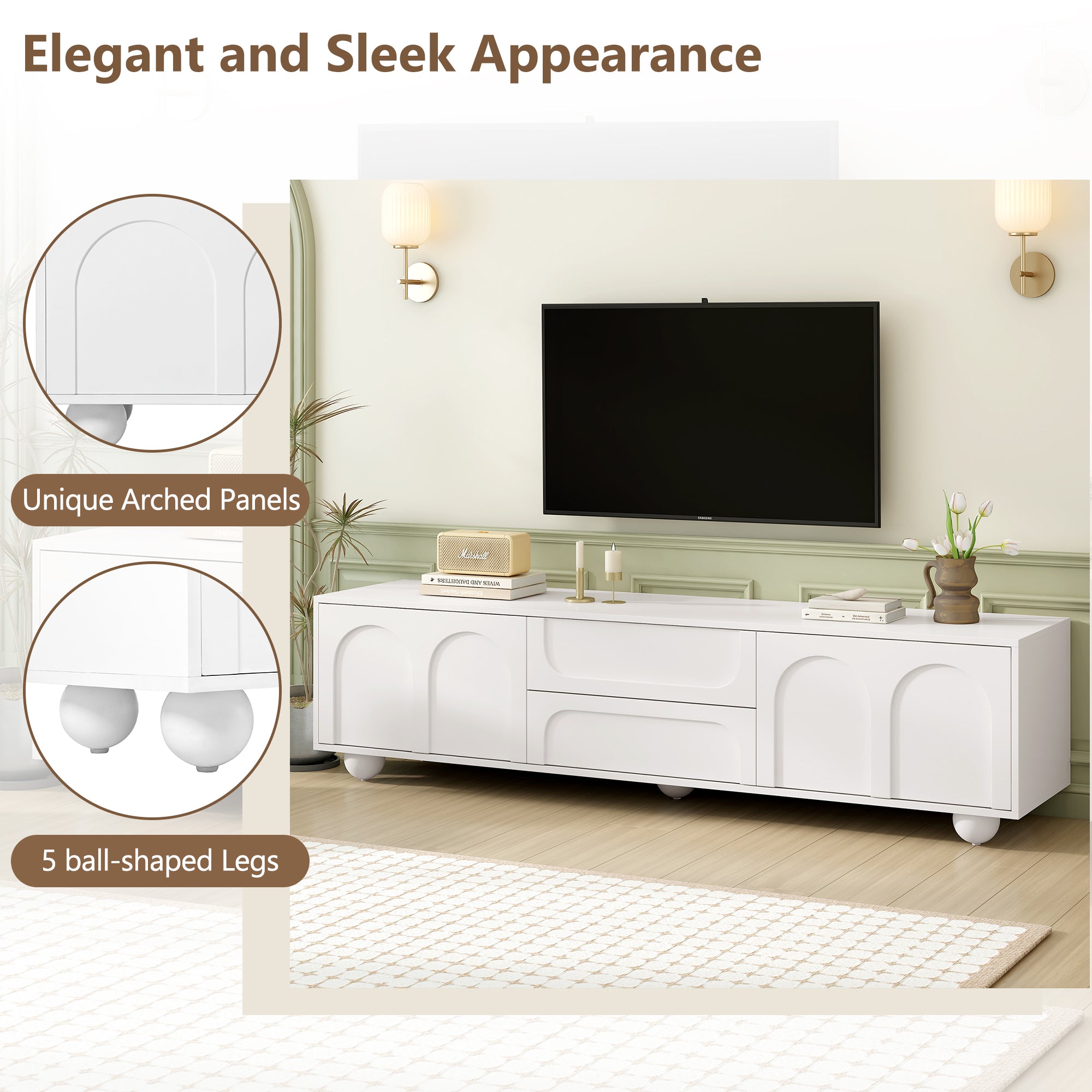 ON-TREND Cream Style TV Stand With Arched Doors  2 Drawers For TVs Up To 75, Minimalist Media Console With Rebound Device, Entertainment Center With 5 Iron Round Legs For Living Room, Bedroom, White