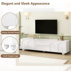 ON-TREND Cream Style TV Stand With Arched Doors  2 Drawers For TVs Up To 75, Minimalist Media Console With Rebound Device, Entertainment Center With 5 Iron Round Legs For Living Room, Bedroom, White