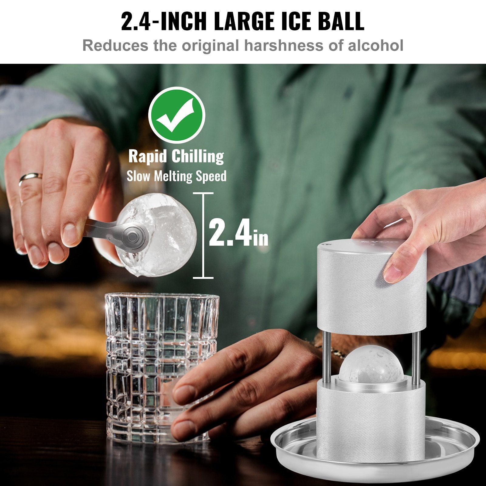 Ice Ball Press, 2.4' Ice Ball Maker, Aircraft Al Alloy Ice Ball Press Kit For 60mm Ice Sphere, Ice Press With Tong And Drip Tray, For Whiskey, Cocktail, Bourbon, Scot On Party & Holiday, Silver