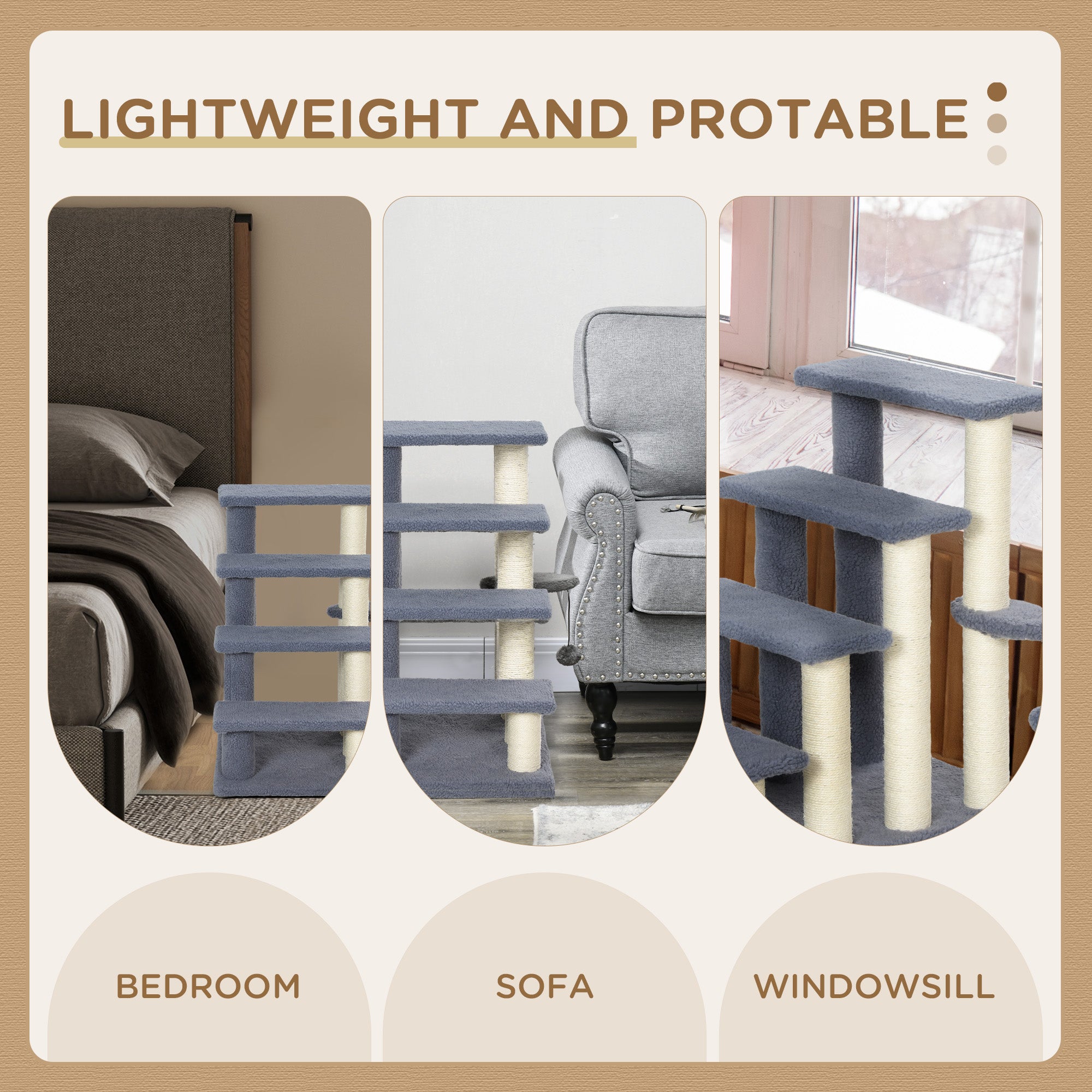 4 Levels Cat Steps with Scratching Posts for High Bed, Sofa, Gray