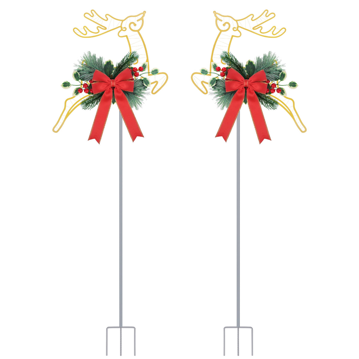 2Pcs Christmas Lighted Reindeer Decoration LED Pathway Stake Lights Battery Powered For Outdoor Garden Lawn Porch Front Door Patio Holiday Decor