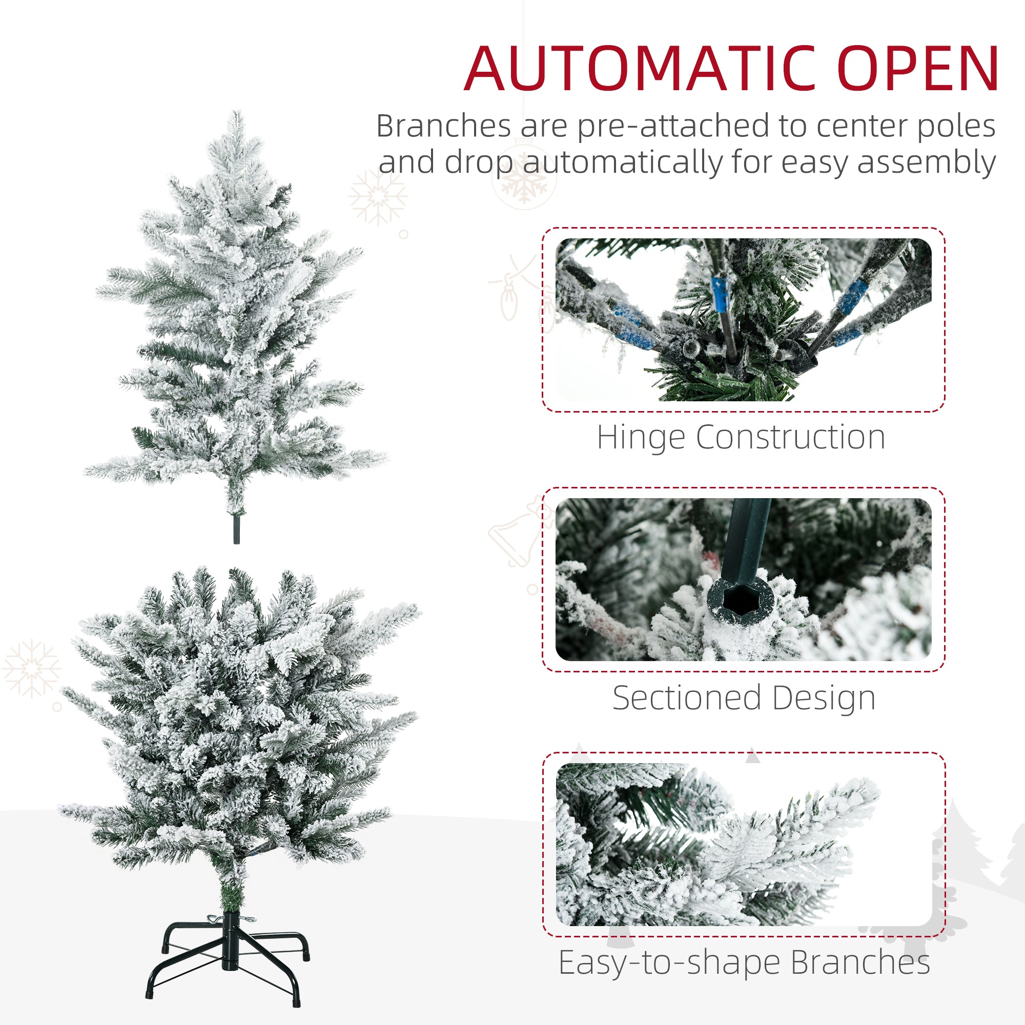 4.5' Artificial Flocked Christmas Trees, with Snow Frosted Branches, Auto Open, Steel Base