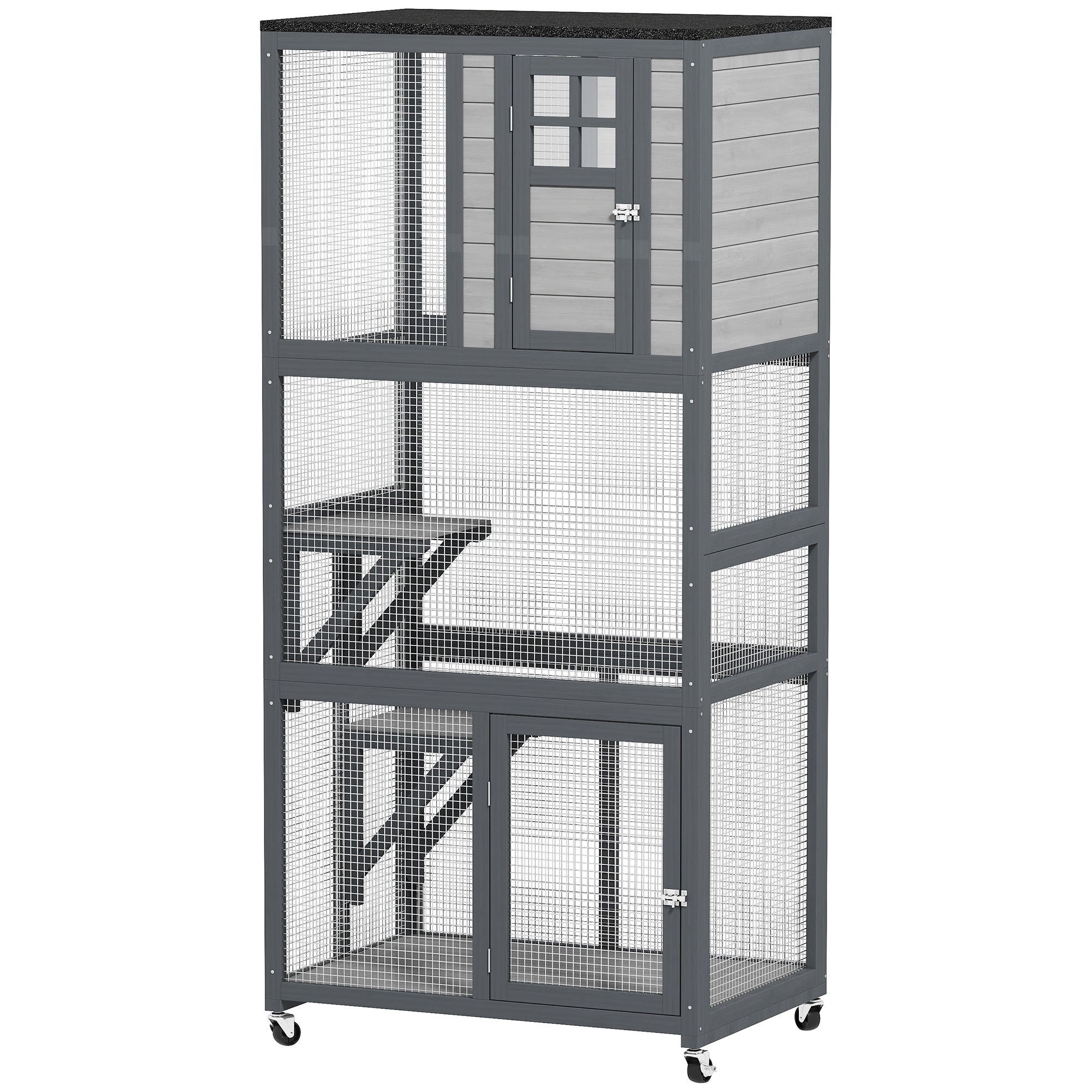 74" Wooden Outdoor Cat House Catio with High Weight Capacity, Cat Cage Condo, Dark Gray
