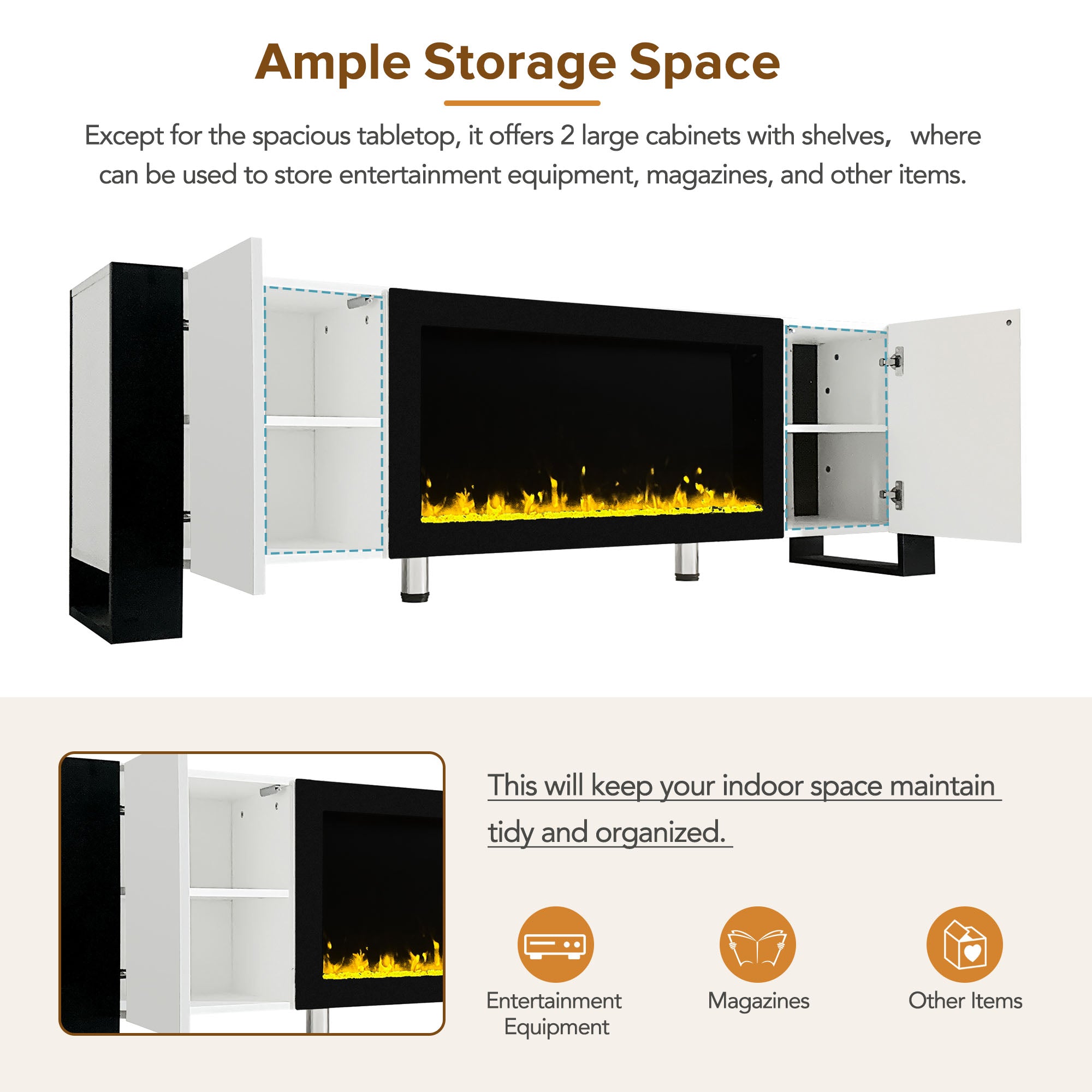 ON-TREND Modern TV Stand With 34.2 Non-heating Electric Fireplace, High Gloss Entertainment Center With 2 Cabinets, Media Console For TVs Up To 78, White