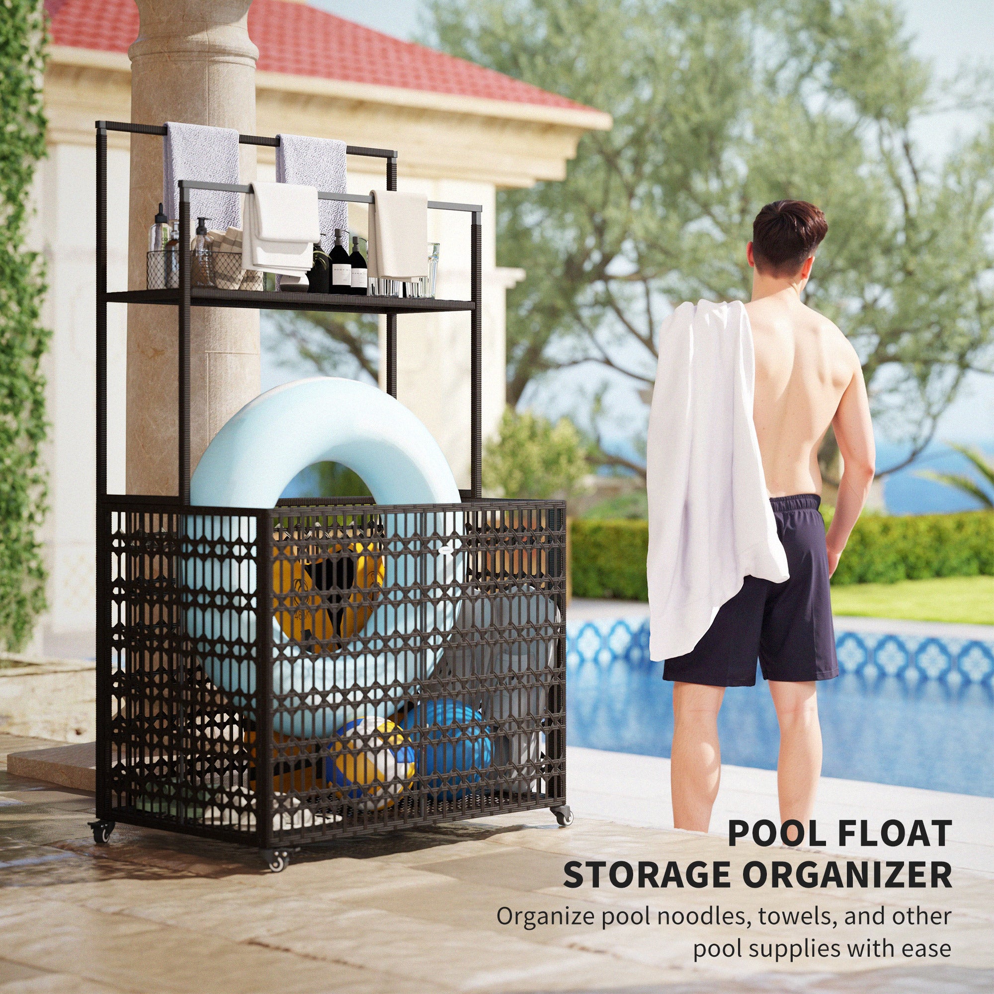 Pool Float Storage Organizer, PE Rattan Pool Float Holder With Basket Shelf Towel Bars, Rolling Pool Caddy For Floaties, Noodles, Life Vests, Beach Balls, Brown