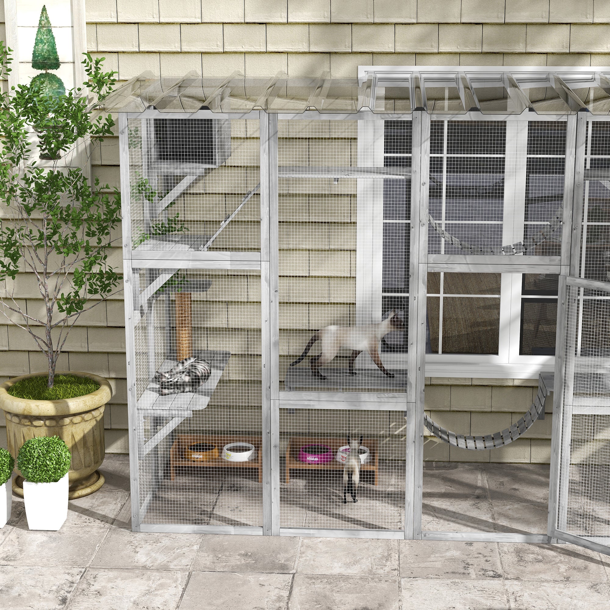 Catio Playground Cat Window Box Outside Enclosure for Multiple Cats w/ Shelves & Bridges, Gray