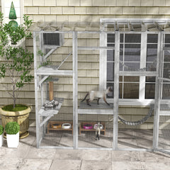 Catio Playground Cat Window Box Outside Enclosure for Multiple Cats w/ Shelves & Bridges, Gray