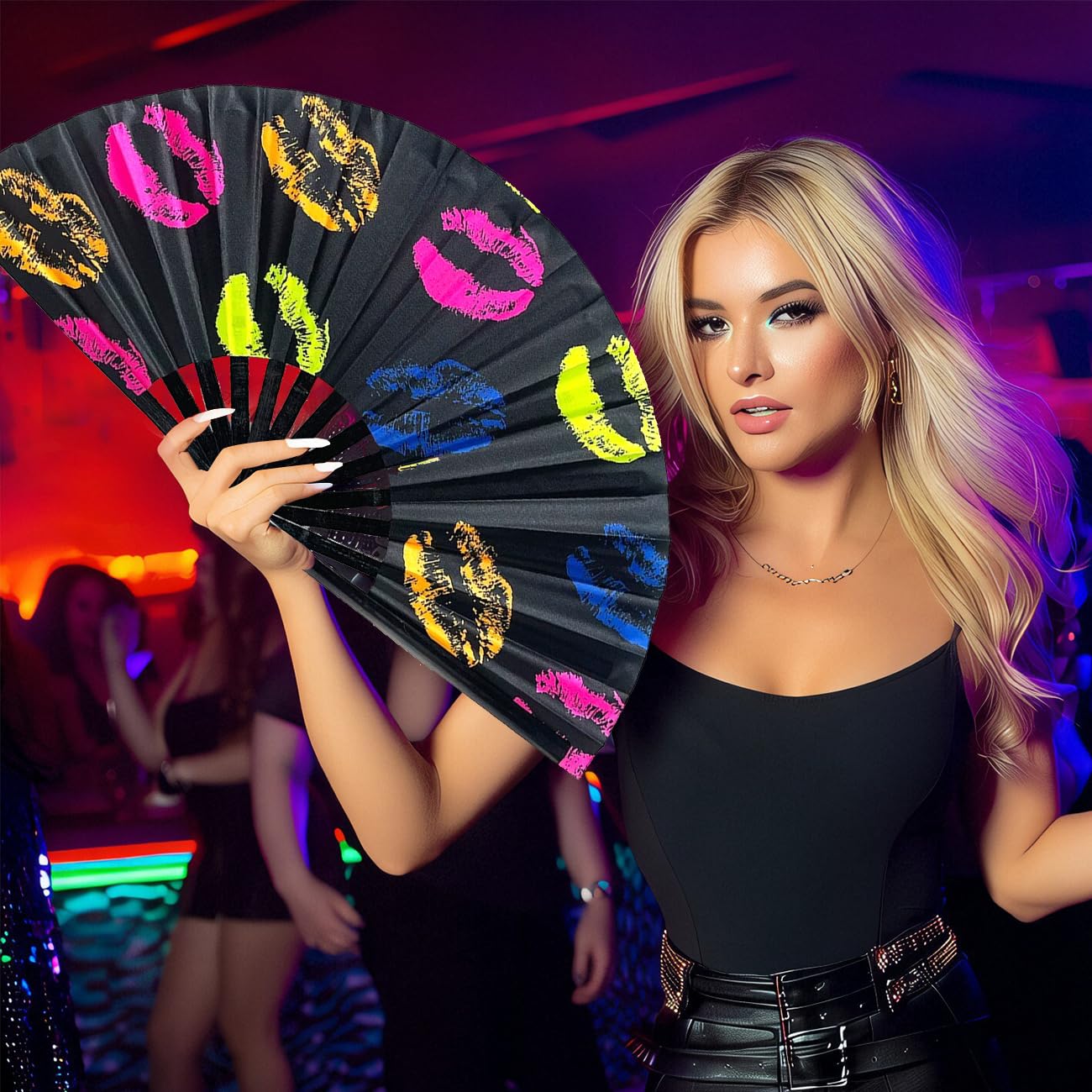 Folding Fan UV Glow Rave Bamboo Hand Fan Carnival Decoration Dancing Party Wedding Night Club Concert Lip Kung Fu Large Lips