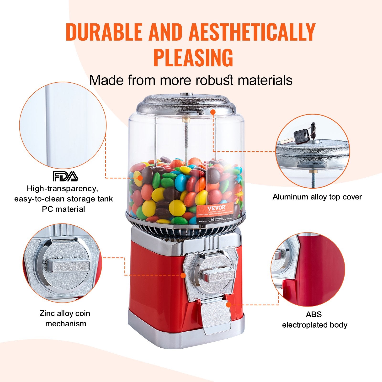 16'H Gumball Machine Vending Coin Bank Vintage Candy Dispenser PC Red