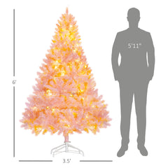 HOMCOM 6' Tall Prelit Christmas Tree Douglas Fir Artificial Christmas Tree With Realistic Branches, 250 Warm White LED Lights And 1000 Tips, Pink