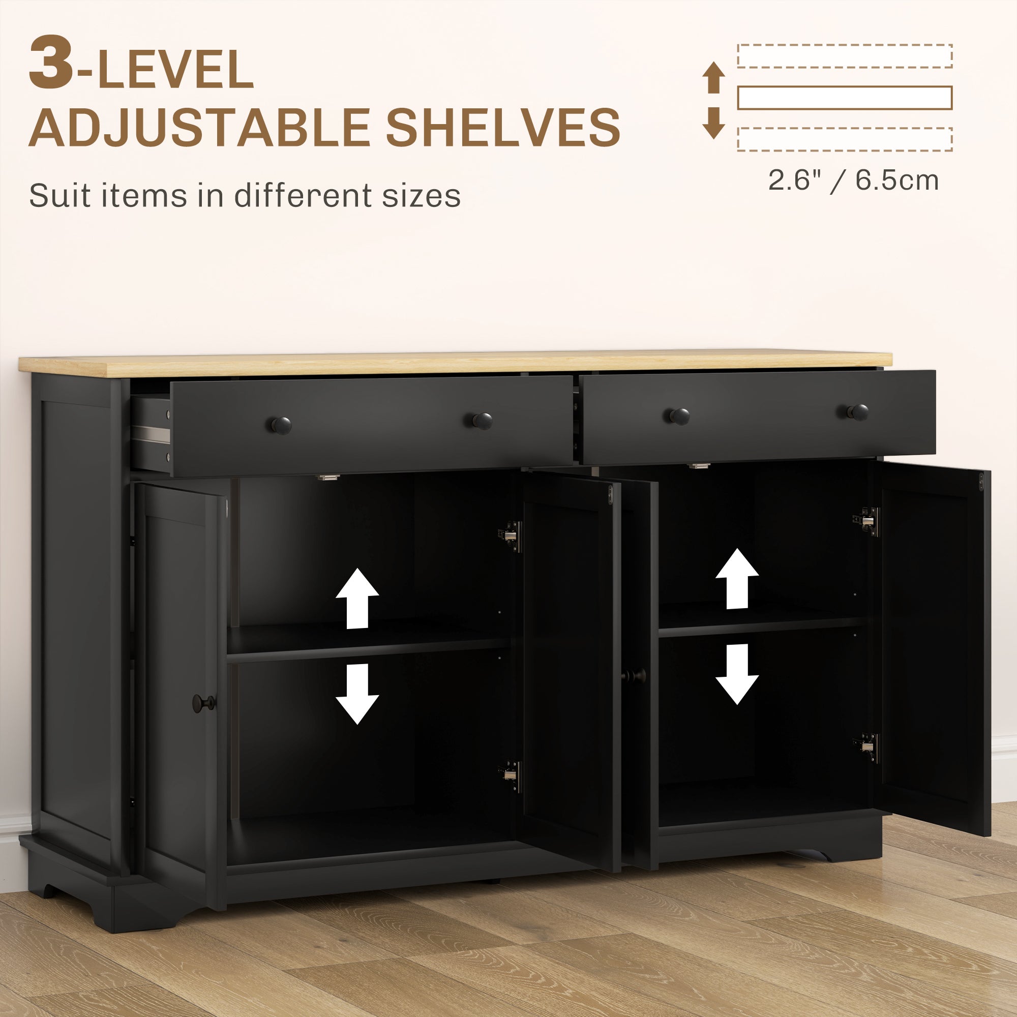 Modern Sideboard, Buffet Cabinet with Storage Drawers, Adjustable Shelves for Living Room, Dining Room, Entryway, Black