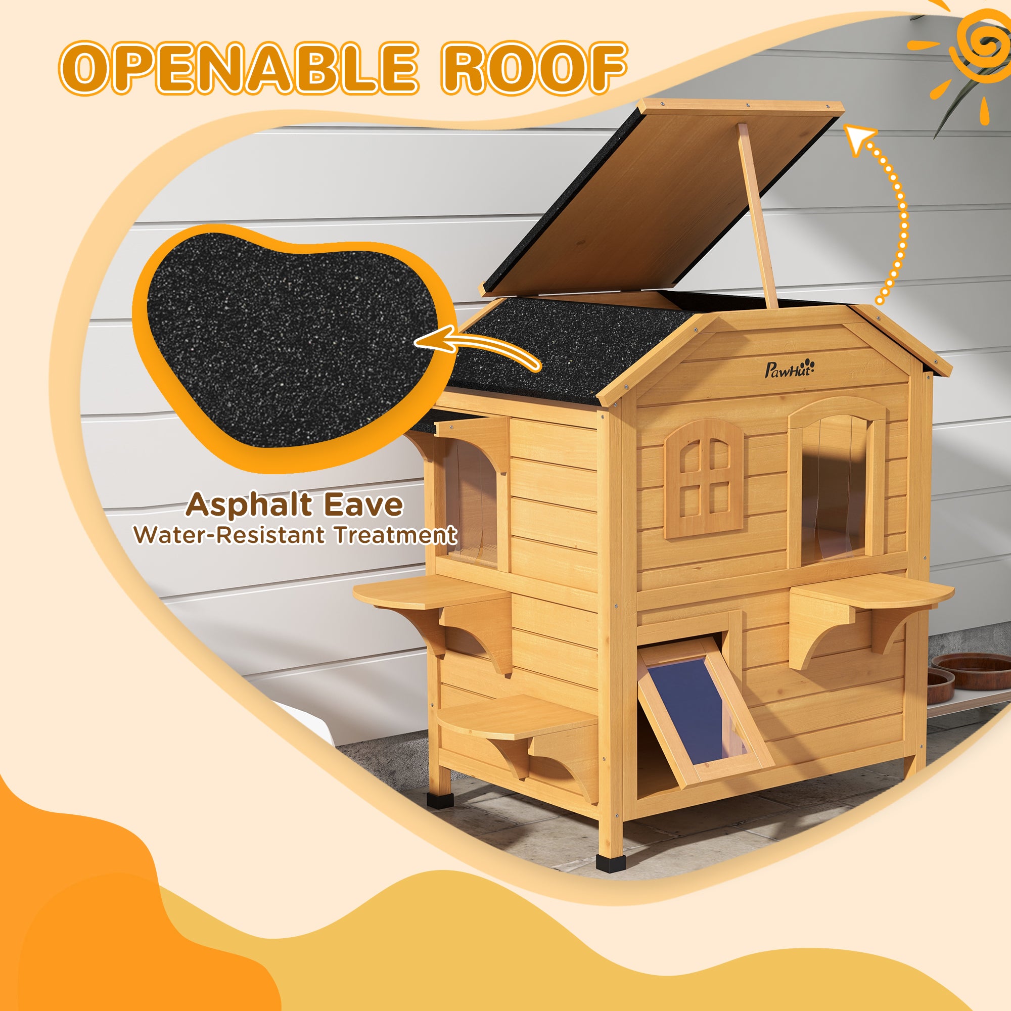  2-story Cat House Outdoor, Weatherproof Wooden Cat Enclosure for Feral Cats with Escape Door, Openable Roof, Jumping Platforms, Natural